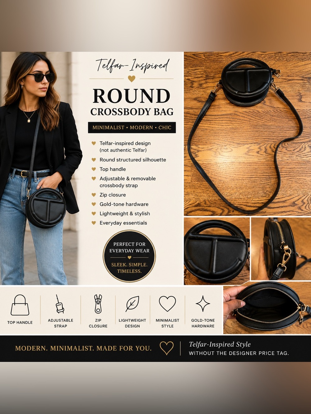 Round Black Crossbody Bag Telfar-Inspired Mini Top Handle Faux Leather Purse